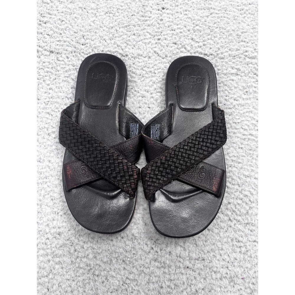 UGG Sandals Mens 11 Leather Dark Brown Criss Cross Slides